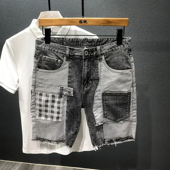 Летние серые джинсовые шорты длиной до колена в стиле пэчворк с решетчатым карманом, простроченные джинсовые шорты в стиле хип-хоп Strt для самосовершенствования