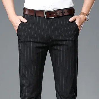 Летние Тонкие мужские брюки в полоску, деловые повседневные Прямые эластичные мужские брюки, брюки, официальные брюки для мужчин