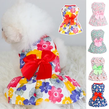 Летний дизайн с бантом Одежда для собак одежда для домашних животных Платье для собак и кошек с цветочным рисунком без рукавов Принцесса Многоцветная юбка для щенков