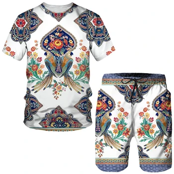 Летний Комплект мужской футболки с 3D принтом в этническом стиле, Повседневная Футболка с круглым вырезом, Шорты, Комплект из двух предметов, Трендовая Мужская одежда, Спортивный костюм в стиле Ретро