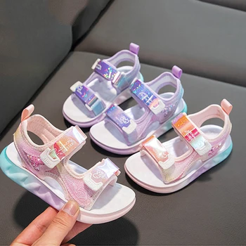 Летняя пляжная обувь для девочек, простые спортивные сандалии с открытым носком, детские розово-фиолетовые сандалии на плоской подошве, модные богемные сандалии, размер 26-37