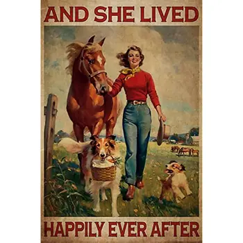Металлическая Жестяная Вывеска Винтажная Девушка с Лошадью и Собаками Металлический Плакат 