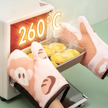 Милые кухонные теплоизоляционные перчатки, мультяшные перчатки, Силиконовые прихватки для духовки, Термостойкая микроволновая печь с утолщением