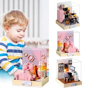 Миниатюрный комплект мебели для кукольного домика со светодиодными игрушками, кукольный домик 