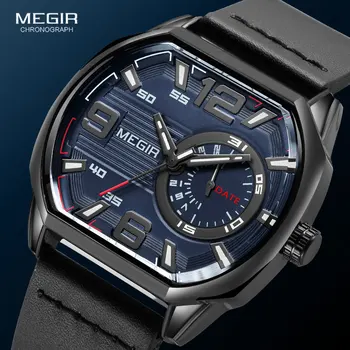 Модные повседневные спортивные часы бренда Megir, мужские кожаные кварцевые часы с автоматической датой, светящиеся стрелки, водонепроницаемые наручные часы Octagon