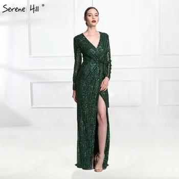 Модные серо-зеленые вечерние платья с V-образным вырезом и длинными рукавами, расшитые бисером и бриллиантами, вечеринка LA6004