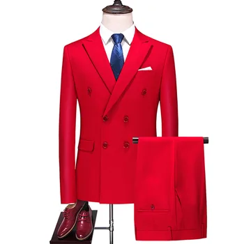 Модный мужской костюм 2023 года с двубортным отворотом, красный, черный, 2 предмета (блейзер + брюки) Свадебный комплект, Приталенный костюм Homme