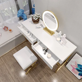 Модный туалетный столик в скандинавском стиле, легкая роскошная мебель для спальни, туалетный столик со светлым зеркалом, Комоды, Металлический табурет на высоких ножках, TG
