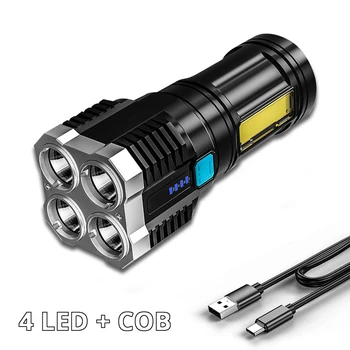 Мощный 4-х светодиодный фонарик, перезаряжаемый через USB, уличный мини-портативный фонарик, подсветка, тактическое освещение, COB Светодиодные фонари