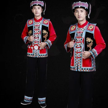 Мужская одежда хмонгов, национальный китайский народный танец, современная одежда хмонгов, танцевальные костюмы, классический дизайн одежды хмонгов FF2004