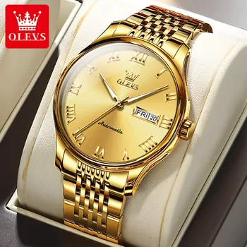 Мужские механические часы OLEVS с римской цифровой шкалой, двойным календарем, автоматические часы для мужчин, роскошные золотые часы Waterpoof от ведущего бренда
