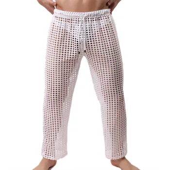 Мужские пижамные брюки, сетчатые домашние брюки, прозрачная повседневная дышащая домашняя одежда со шнуровкой, сексуальные плавки для сна, свободные брюки для отдыха