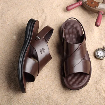 Мужские сандалии, летние новые модные мужские тапочки-горки, уличная нескользящая обувь из натуральной кожи, пляжные сандалии-слипоны, дорожные тапочки