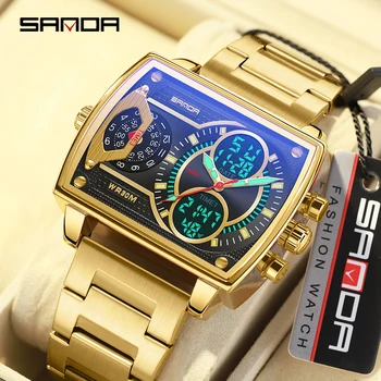 Мужские часы из нержавеющей стали от ведущего бренда SANDA, модные мужские часы с квадратным циферблатом, спортивные светящиеся водонепроницаемые светодиодные цифровые часы