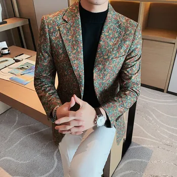 Мужской блейзер с принтом в винтажном британском стиле - приталенный повседневный пиджак с модным дизайном и классическими деталями