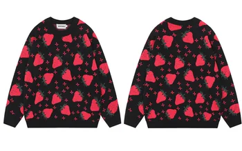 Мужской вязаный клубничный пуловер Y2K, джемперы, уличная одежда, осенняя мода в стиле хип-хоп, повседневный свободный свитер