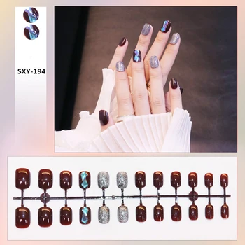 Накладные ногти Короткие красные с блестками во французском стиле с полным покрытием, накладные типсы для ногтей для женщин, Съемная деталь для готовых ногтей, экономит время MH88