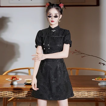 Национальный китайский стиль Современный Улучшенный Кружевной Чонсам с коротким рукавом Летнее Новое платье Хепберн Ципао для женщин