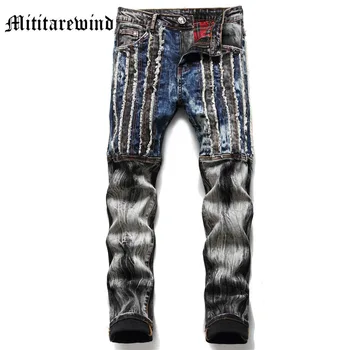 Новая вышивка, узкие мужские брюки-карандаш в стиле панк, стрейчевые, потертые после стирки, ретро, высокие уличные брюки, мужская уличная одежда в стиле хип-хоп.