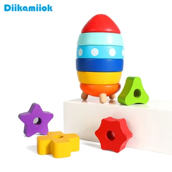 Новая игра Rocket Tower Wooden Blocks Stacking Circle Game Color Shape Learning для маленьких детей Обучающая деревянная игрушка Монтессори для детей