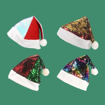 Новая Короткая плюшевая Рождественская шляпа с блестками для взрослых, обратимая шапочка Санта-Клауса с блестками, мягкие праздничные принадлежности с помпонами для праздничных вечеринок