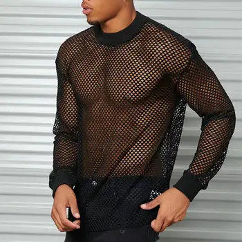 Новая сексуальная мужская футболка с длинным рукавом, модные тканые однотонные дышащие сетчатые трикотажные футболки с круглым вырезом, топы