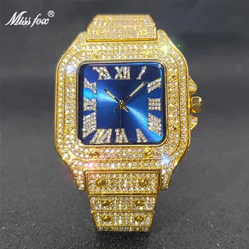 Новые Золотые часы Мужская мода Роскошный дизайн Королевский синий циферблат Пара квадратных Часов Хип-хоп Высококачественные часы Прямая поставка
