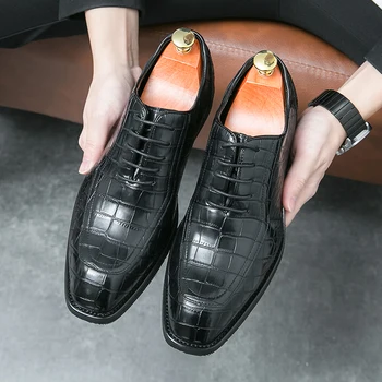 Новые коричневые мужские модельные туфли, оксфорды с каменным покрытием, квадратный носок, шнуровка, черные деловые мужские туфли, Бесплатная доставка, размер 38-46
