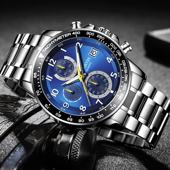 Новые мужские часы с синим циферблатом, ремешок из нержавеющей стали, дата, мужские деловые мужские часы, водонепроницаемые предметы роскоши, мужские наручные часы для мужчин