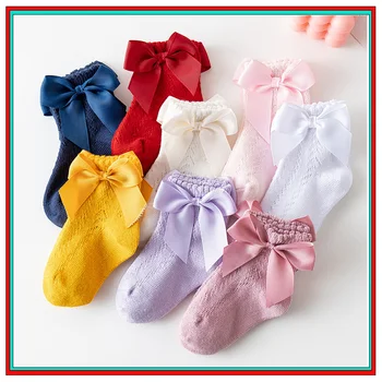 Носки для маленьких девочек с большими бантами, дышащие короткие носки для девочек, открытые носки для малышей, хлопковые милые носки принцессы от 0 до 5 лет