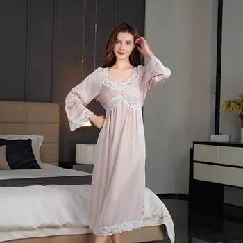 Ночная рубашка с V-образным вырезом и длинными рукавами, женская сексуальная пижама из искусственного шелка, Весна-лето, длинная ночная рубашка, интимное домашнее платье, Повседневная ночная одежда