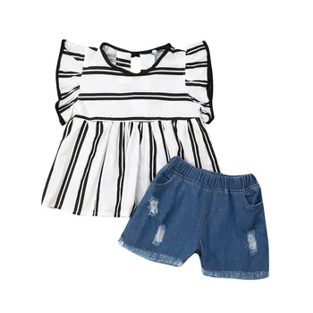 Одежда для маленьких девочек, комплект из 2 предметов, детская одежда для маленьких девочек, футболка в полоску, Топ + джинсовые штаны, Шорты, Комплект