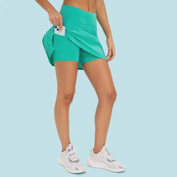 Однотонная женская теннисная юбка, короткая, для фитнеса, йоги, Короткая, быстросохнущая, для велоспорта, для комплексных тренировок, для пробежек, Плиссированная юбка с карманами