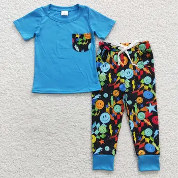 Оптовая продажа детской одежды для мальчиков, Синие хлопчатобумажные футболки, Детские штаны с карманами для малышей, Весенне-осенний спортивный комплект