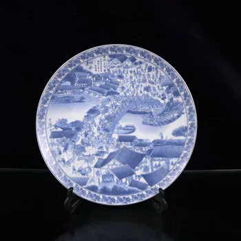 Оптовая продажа с фабрики, потрепанная подделка под старину, сине-белая, с изображением реки Цинмин, Оценочная тарелка, украшение гостиной, керамика