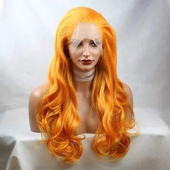 Оранжевого цвета Длинные синтетические кружевные парики с объемной волной спереди для белых женщин, парик для косплея из волос из высокотемпературного волокна