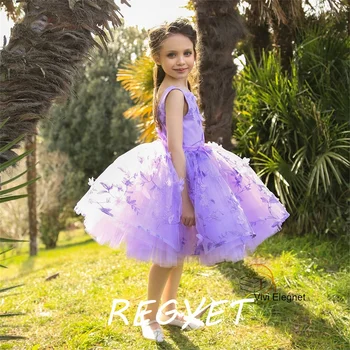 Очаровательные фиолетовые платья для девочек-цветочниц с аппликацией из тюля длиной до колен без рукавов для детей 2023, платья для свадебных вечеринок