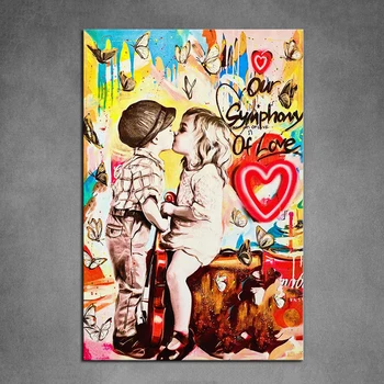 Пара в стиле Бэнкси Целующаяся Граффити на холсте Плакат уличного искусства и принты Подарок на годовщину Настенная картина Декор домашней комнаты