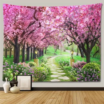 Пейзаж с цветущей вишней, Гобелен с розовым цветком, Настенное одеяло, Изготовленная на Заказ Винтажная ткань, Психоделическая Спальня, Гостиная, Офис