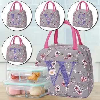 Переносная сумка для ланча, Термоизолированная коробка для ланча, сумка для бенто, сумка для ужина, студенческая сумка для ланча с фиолетовым цветочным письмом, холщовая сумка для ланча