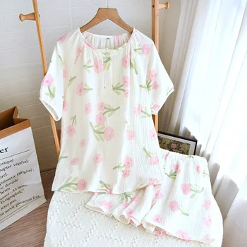 Пижамный комплект с милым пасторальным рисунком в виде цветочного мишки для женщин, летняя свободная домашняя одежда из хлопчатобумажной ткани, шорты с коротким рукавом, одежда для отдыха