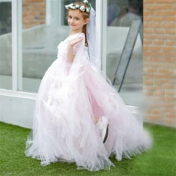Платья для Первого причастия Элегантное Белое платье Принцессы-Ангела на бретелях без рукавов, подарок для девочек с цветами на свадьбу, Бал Мечты для детей