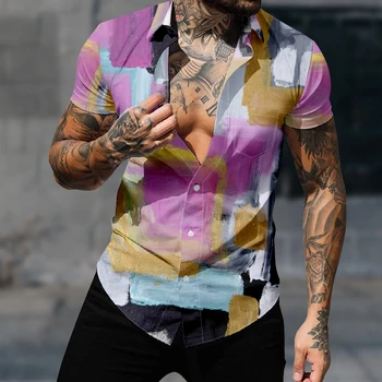 Повседневная гавайская рубашка для мужчин, сшитая цветным блоком, 3D-принт, Уютная пляжная уличная одежда в стиле харадзюку с коротким рукавом