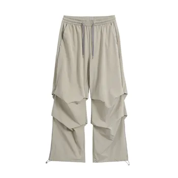 Повседневные брюки в складку на Хай-стрит в Американском стиле, Мужские Однотонные Свободные Широкие брюки с завязками на ножном браслете во всю длину