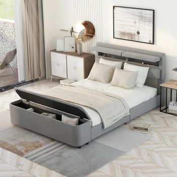 Полноразмерная обивочная кровать-платформа с изголовьем и изножьем для хранения, опорные ножки, серый