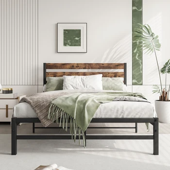 Полноразмерный каркас кровати, прочные металлические рейки поддерживают основание матраса, пружинный блок не требуется, коричневый в деревенском стиле