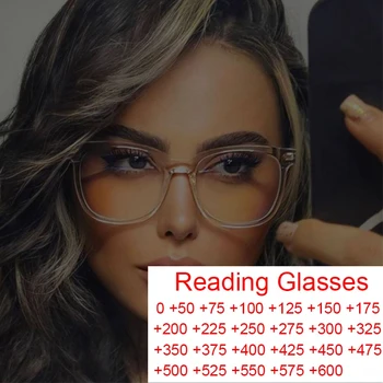 Прозрачные Квадратные очки для чтения синего цвета, женщины, мужчины, Высококачественная Прозрачная оправа, Увеличительные стекла большого размера TR90 + 6