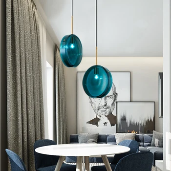 Простой современный ресторанный подвесной светильник из скандинавского стекла, прикроватная тумбочка для спальни, бар, кофейня, кабинет, синяя подвесная лампа с одной головкой