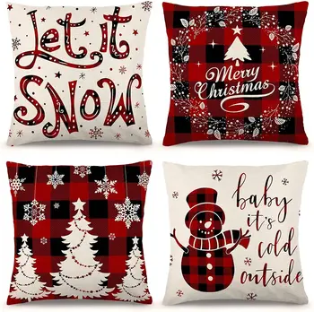 Рождественские украшения, наволочки 18 x 18 дюймов, набор из 4 предметов для домашнего декора, фермерский дом, черно-красная подушка в клетку из буффало