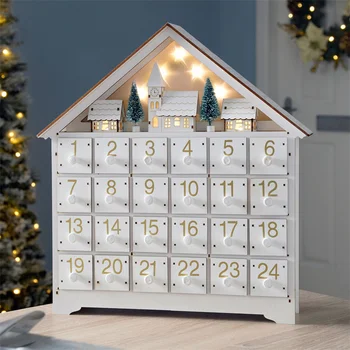 Рождественский деревянный домик для адвент-календаря с 24 выдвижными ящиками и светодиодными лампочками, обратный отсчет до Рождества, украшения, наполненные маленькими подарками для детей